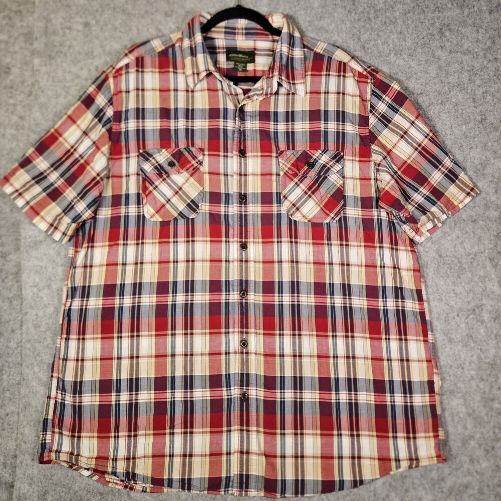 Eddie Bauer Red Blue White Plaid Button Up Shirt Casual Western Classic XL Tall